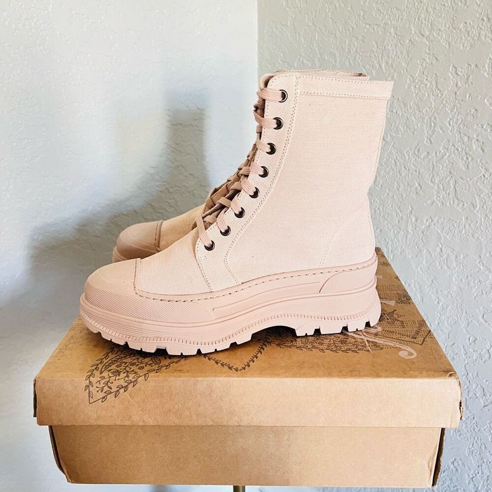 FREE PEOPLE Camp Out Canvas‎ Combat Boot, Natural, Tan/Pink, Size 8, NWT - Picture 7 of 16